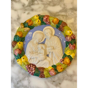 Vintage Italian Majolica Holy Family Fruit Wreath Wall Plaque 6” Ceramic